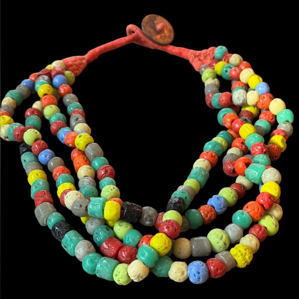 Vintage Tribal Multicolor Coral Glass Beaded Necklace